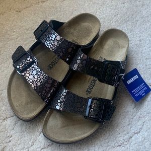 🆕 Birkenstock Arizona Sandal Black Metallic Stone Suede Footbed, Size 41 EU